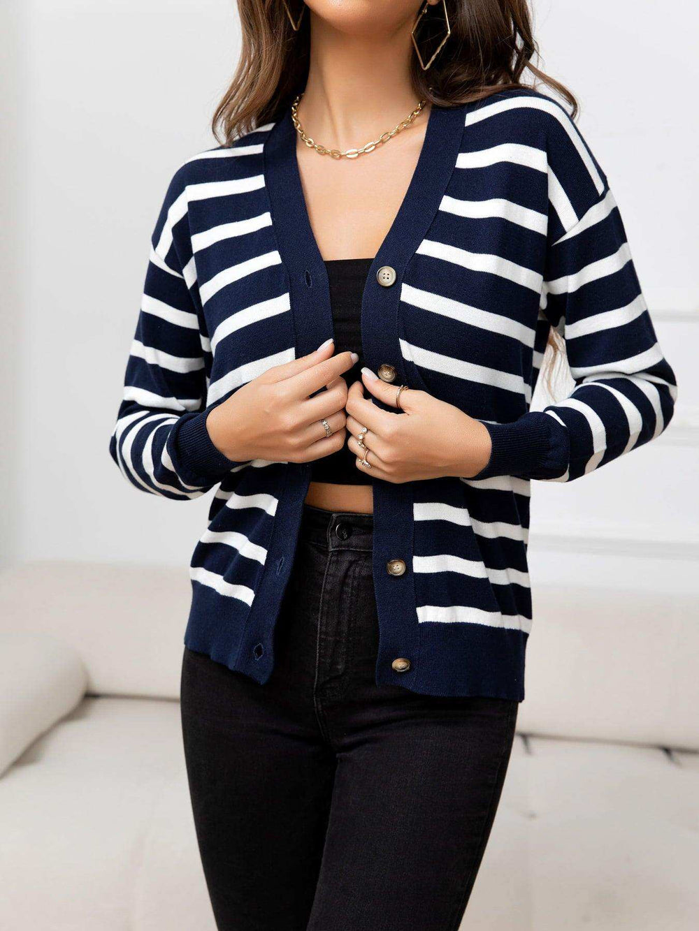 Striped Dropped Shoulder V-Neck Knit Top - Trendsi - Flyclothing LLC