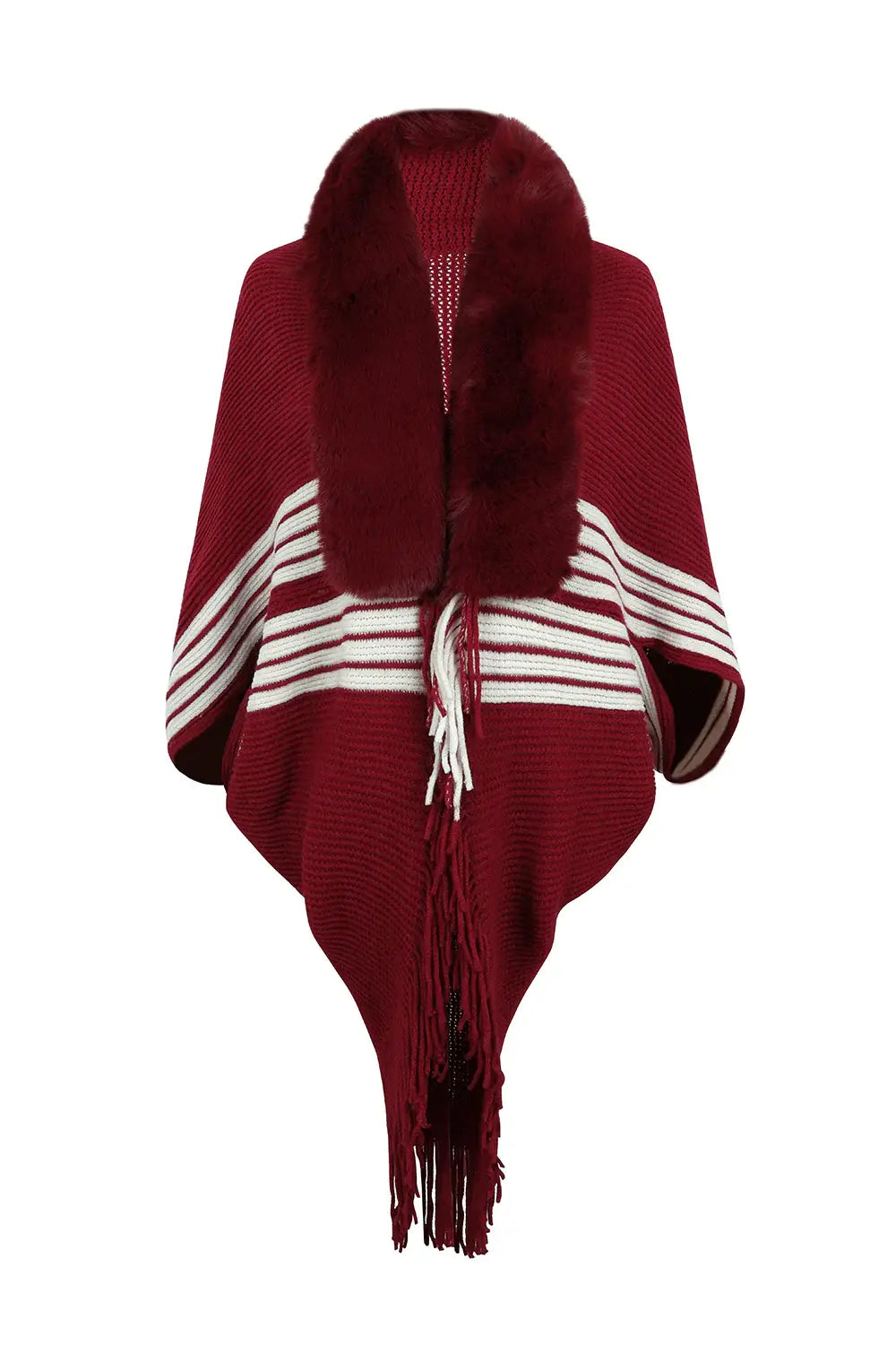 Striped Fringe Detail Long Sleeve Poncho - Trendsi - Flyclothing LLC