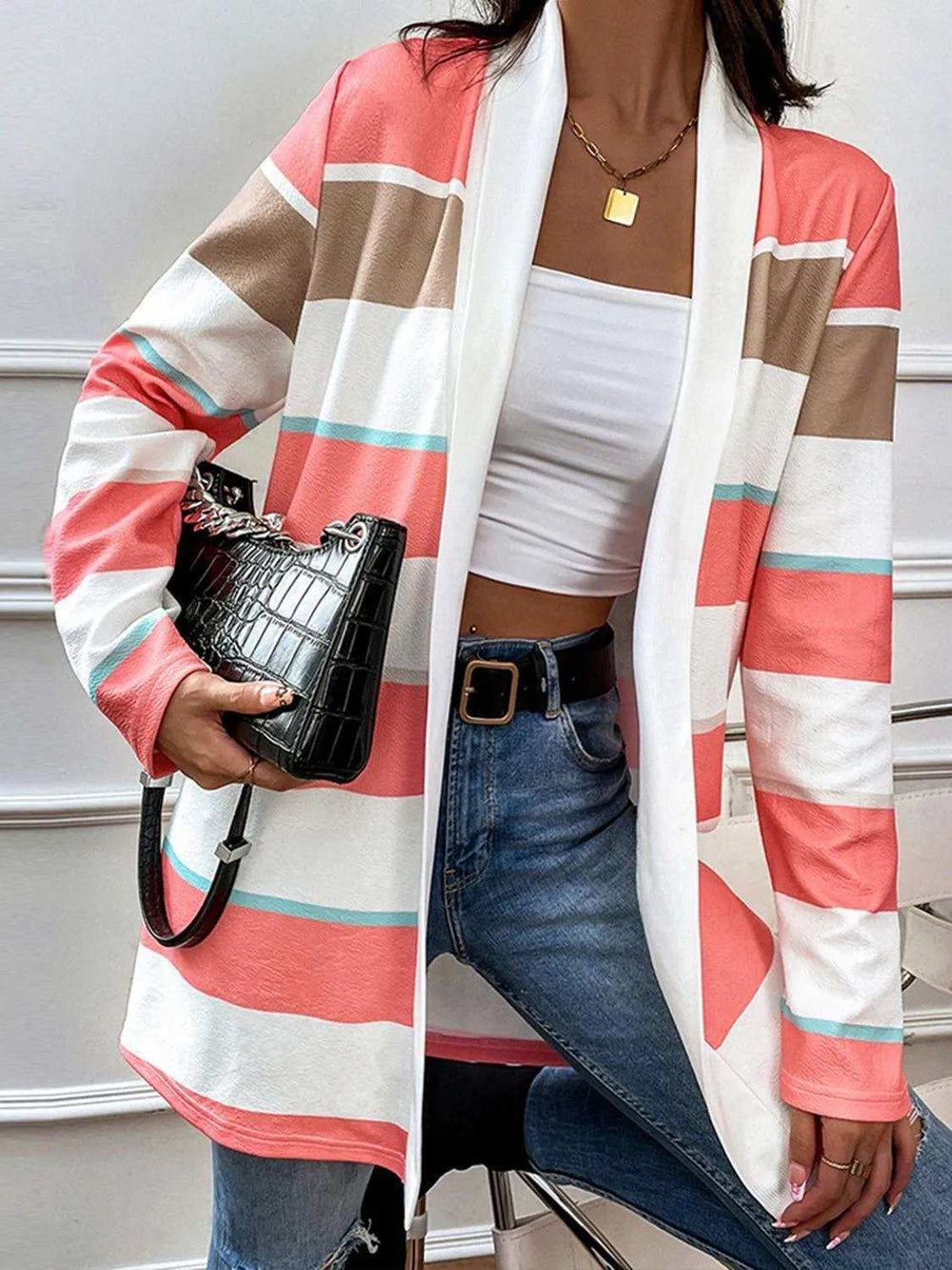 Striped Open Front Longline Cardigan - Trendsi - Flyclothing LLC