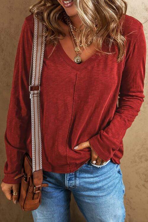 Exposed Seam V-Neck Long Sleeve T-Shirt - Trendsi - Flyclothing LLC