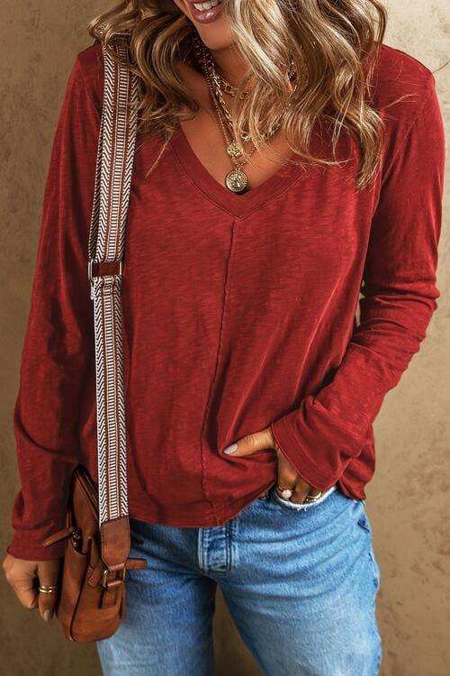 Exposed Seam V-Neck Long Sleeve T-Shirt - Trendsi - Flyclothing LLC
