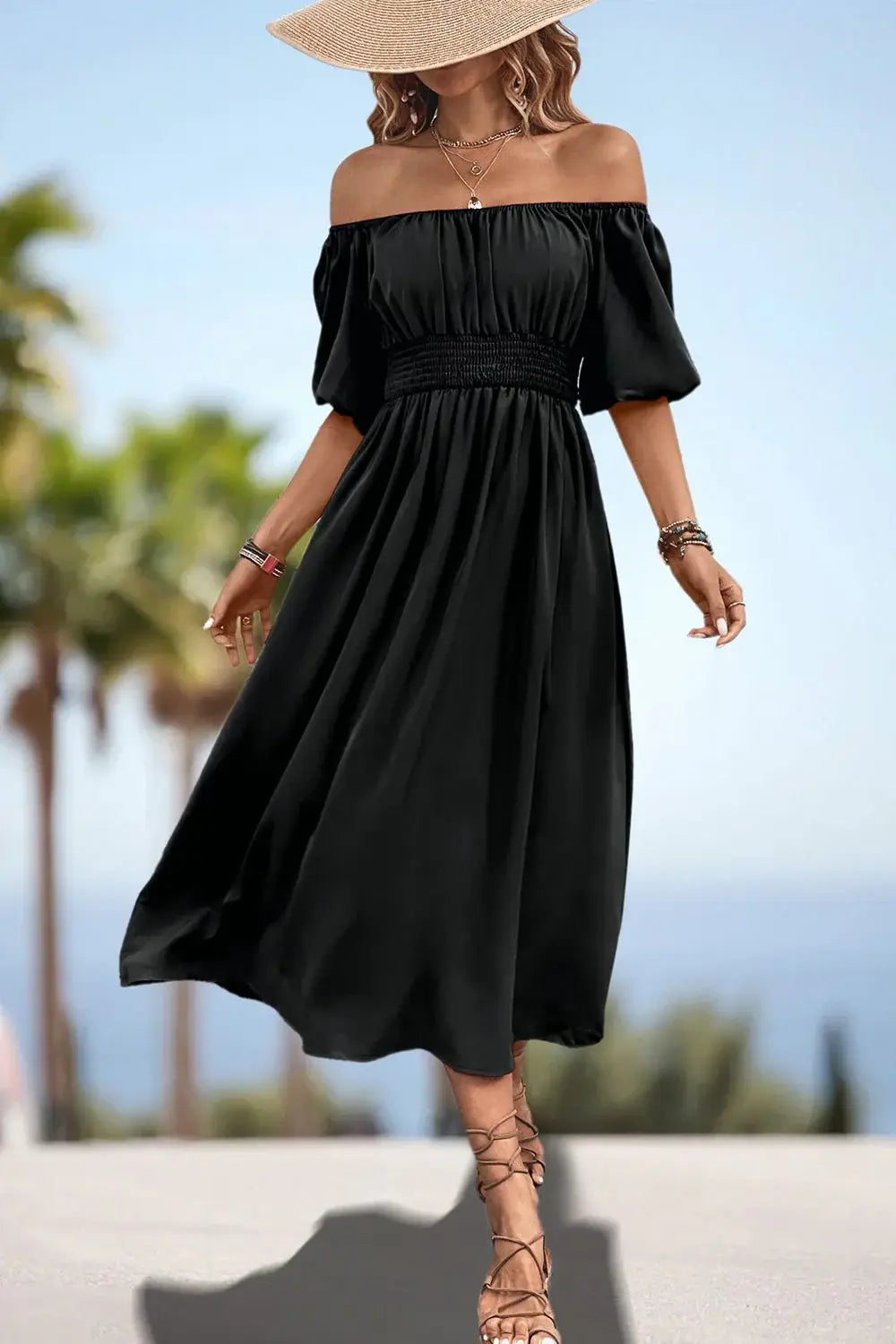 Square Neck Smocked Waist Puff Sleeve Midi Dress - Trendsi - Flyclothing LLC