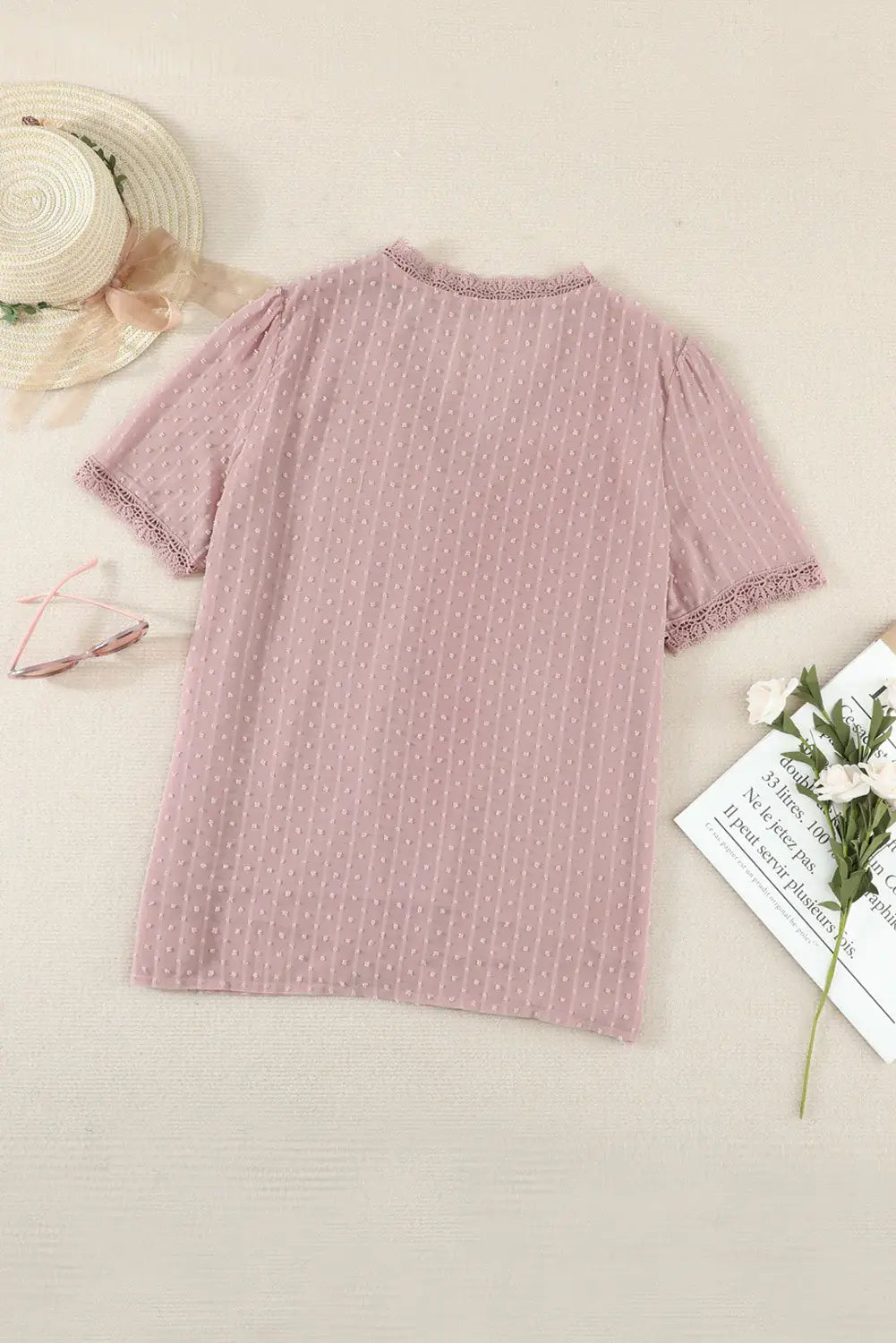 Swiss Dot Lace Trim Plunge Blouse - Trendsi - Flyclothing LLC