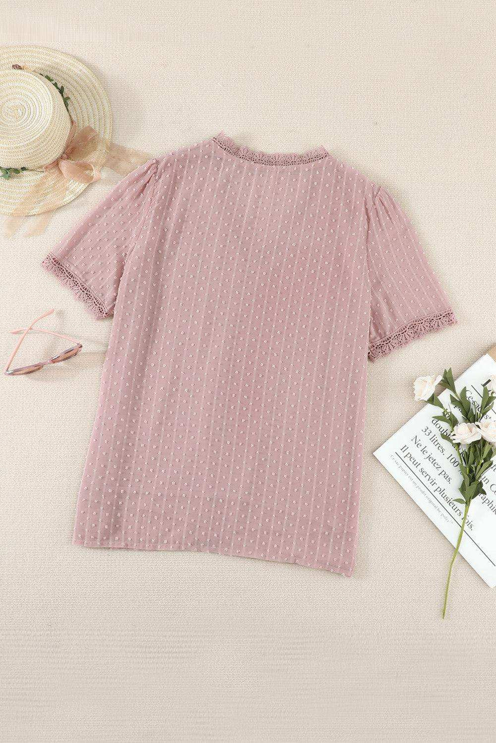 Swiss Dot Lace Trim Plunge Blouse - Trendsi - Flyclothing LLC