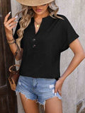 Notched Buttoned Short Sleeve T-Shirt - Trendsi - Flyclothing LLC