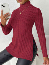 Ribbed Turtleneck Long Sleeve Slit T-Shirt - Trendsi - Flyclothing LLC