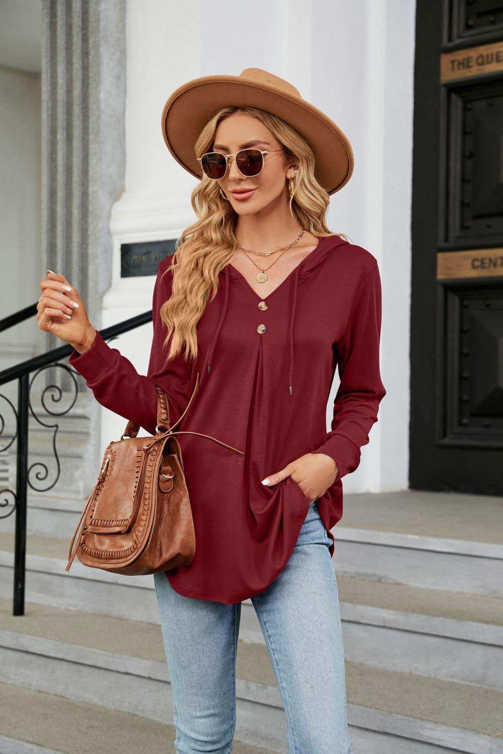 Long Sleeve Hooded Blouse - Trendsi - Flyclothing LLC