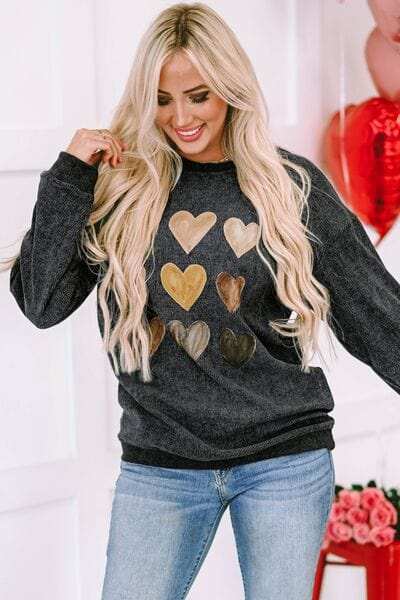 Heart Round Neck Dropped Shoulder Sweatshirt - Trendsi - Flyclothing LLC