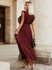 Tied Surplice Cap Sleeve Pleated Dress - Flyclothing LLC
