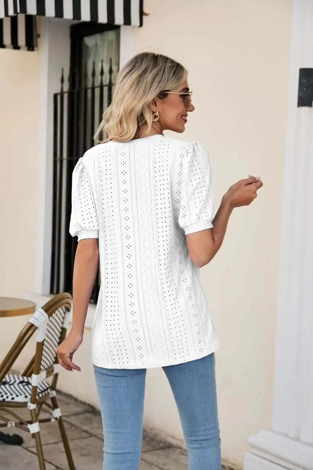 Eyelet Puff Sleeve V-Neck Top - Trendsi - Flyclothing LLC