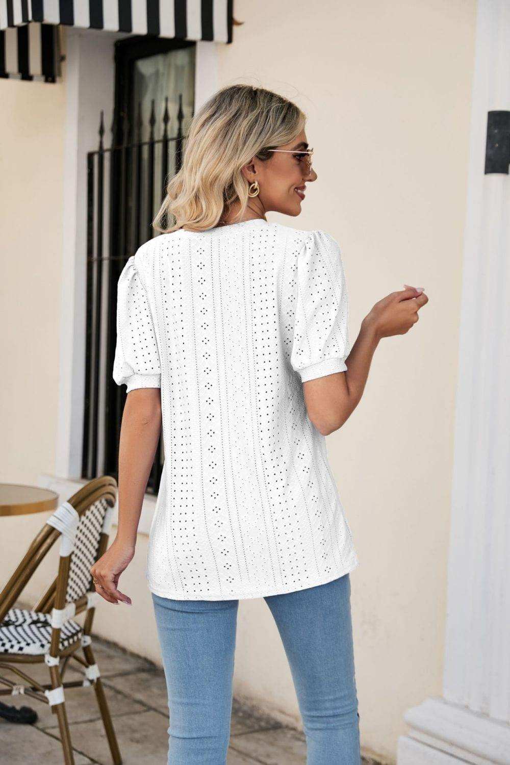 Eyelet Puff Sleeve V-Neck Top - Trendsi - Flyclothing LLC