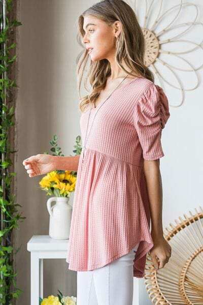 Heimish Full Size Waffle Knit V-Neck Babydoll Top - Trendsi - Flyclothing LLC