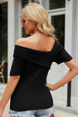 Asymmetrical Neck Rib-Knit Top - Trendsi - Flyclothing LLC
