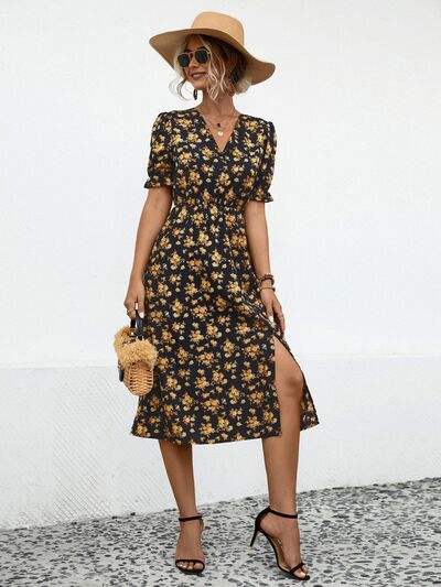 Slit Printed V-Neck Short Sleeve Dress - Trendsi - Flyclothing LLC