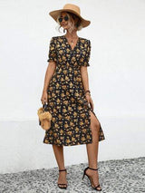 Slit Printed V-Neck Short Sleeve Dress - Trendsi - Flyclothing LLC