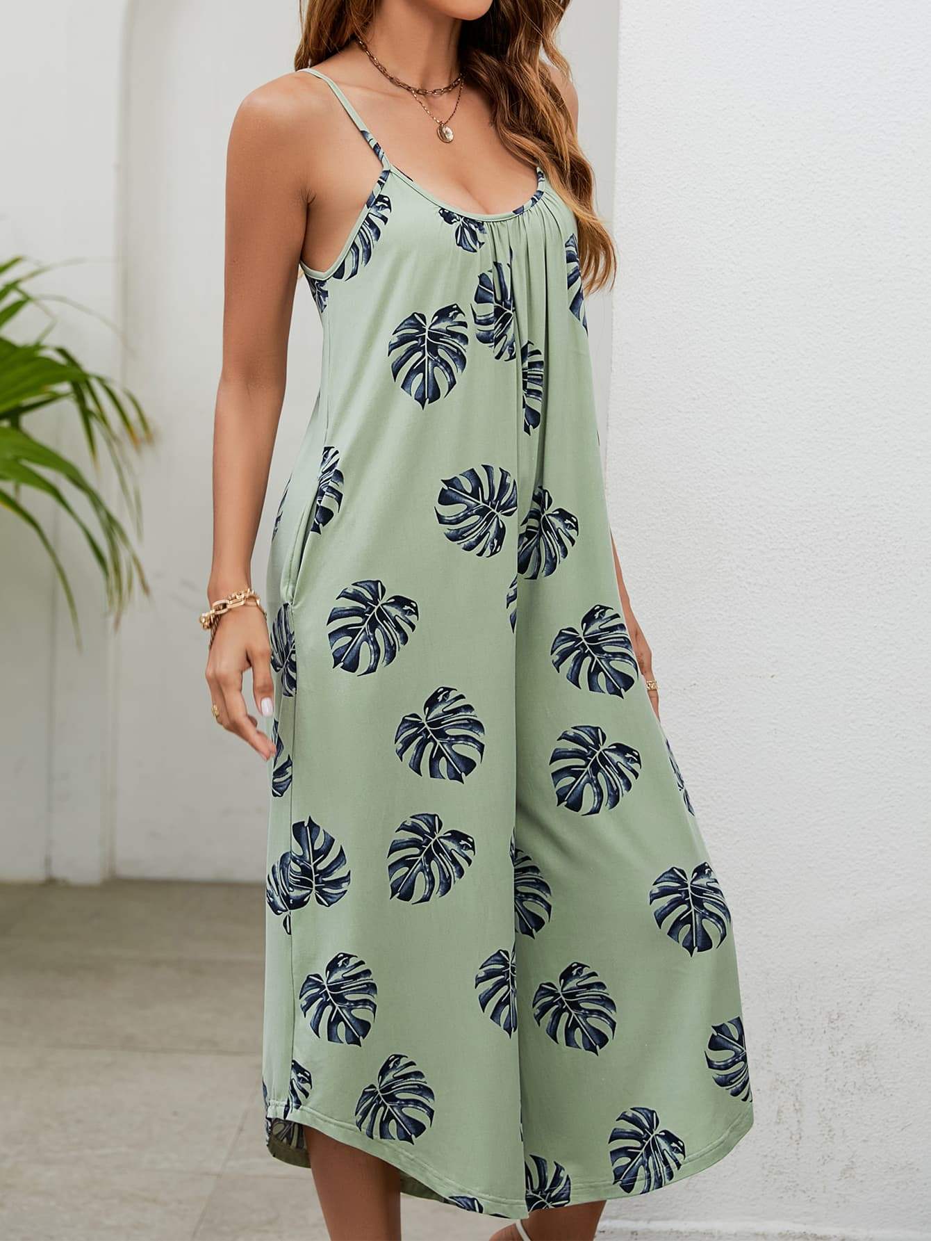 Botanical Print Spaghetti Strap Scoop Neck Jumpsuit - Trendsi - Flyclothing LLC