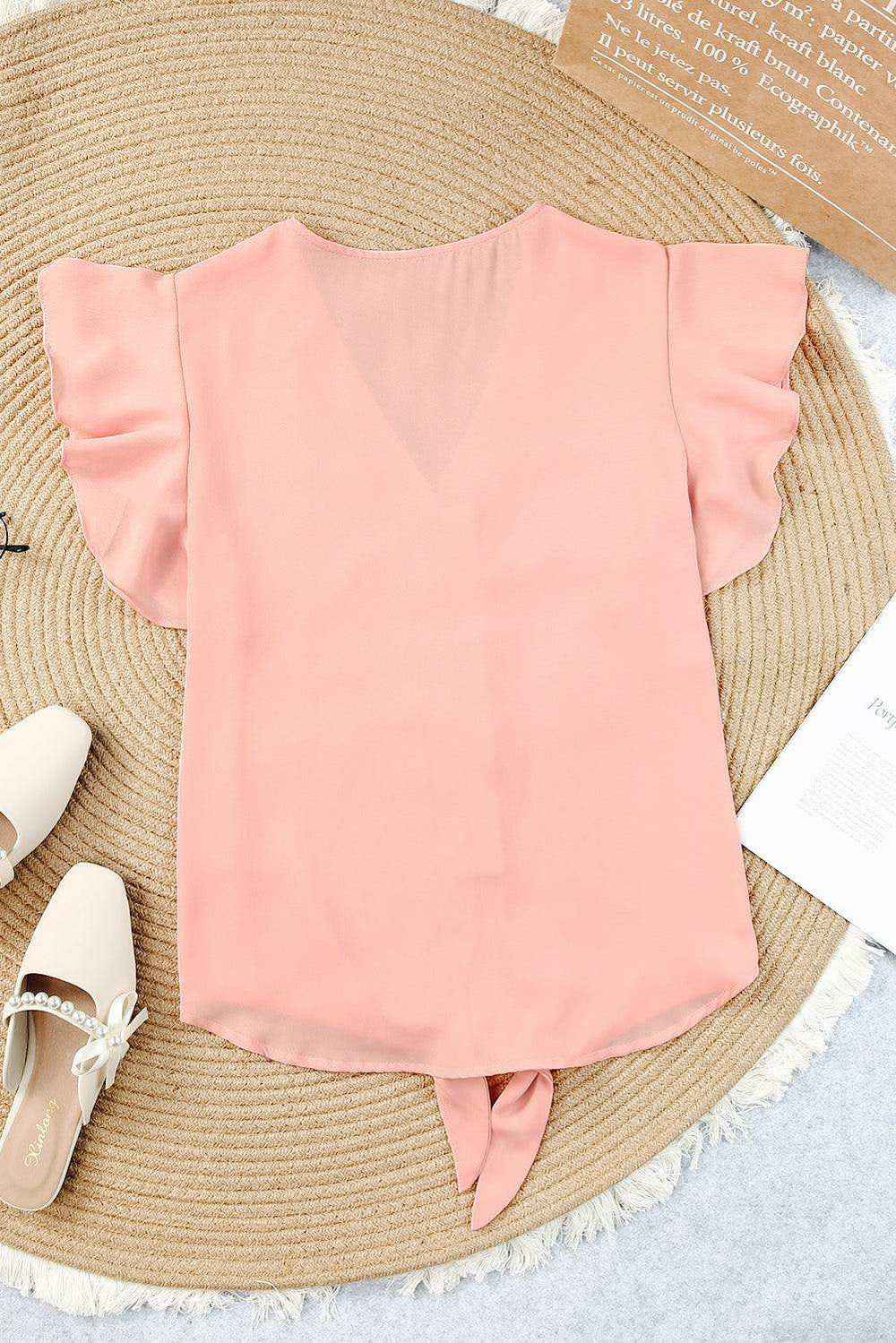 V-Neck Tie Hem Flutter Sleeve Blouse - Trendsi - Flyclothing LLC