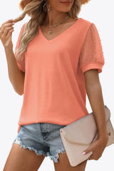 Swiss Dot Puff Sleeve V-Neck Tee - Trendsi - Flyclothing LLC