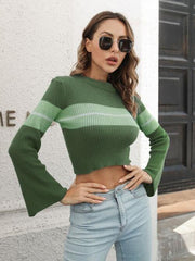 Ribbed Color Block Round Neck Cropped Sweater - Trendsi
