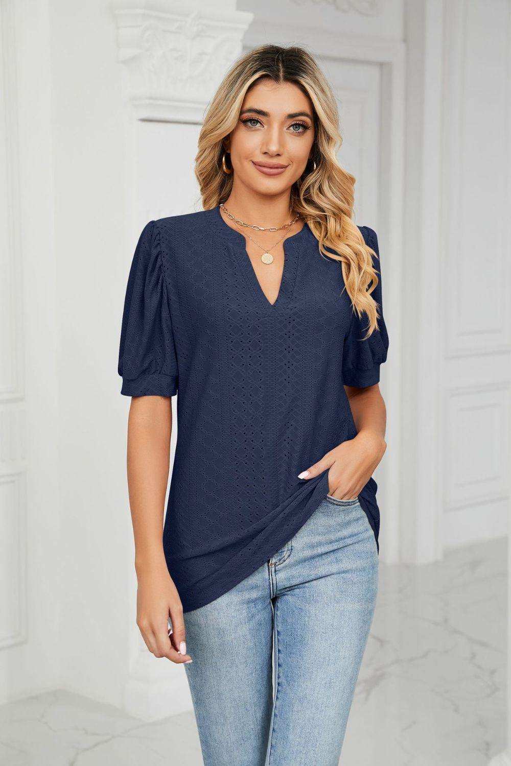 Eyelet Short Puff Sleeve Notched Neck Top - Trendsi - Flyclothing LLC