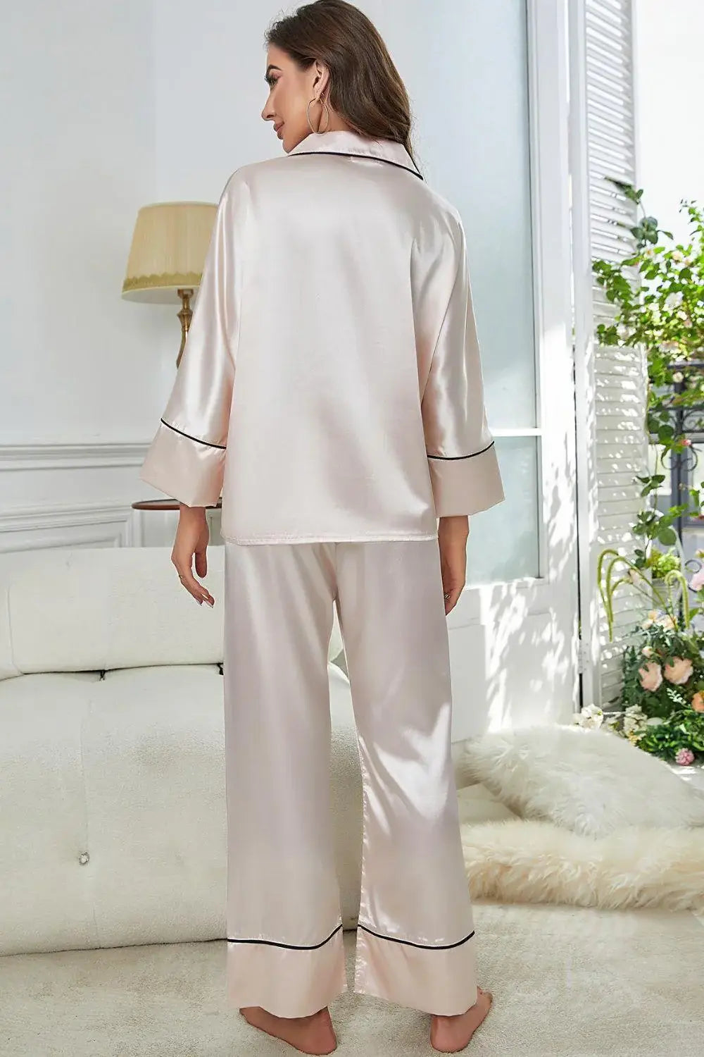Contrast Piping Button-Up Top and Pants Pajama Set - Trendsi - Flyclothing LLC