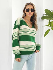 Striped V-Neck Long Sleeve Knit Top - Flyclothing LLC