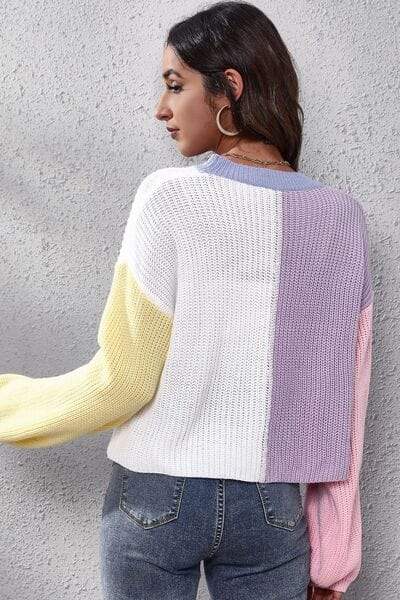 Color Block Button Up V-Neck Knit Top - Trendsi - Flyclothing LLC