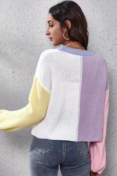 Color Block Button Up V-Neck Knit Top - Trendsi