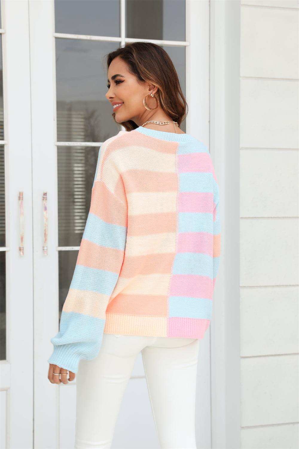 Round Neck Long Sleeve Color Block Dropped Shoulder Pullover Sweater - Trendsi - Flyclothing LLC