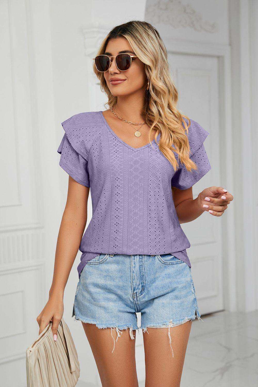 Eyelet Layered Flutter Sleeve V-Neck Knit Top - Trendsi