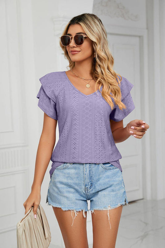 Eyelet Layered Flutter Sleeve V-Neck Knit Top - Trendsi