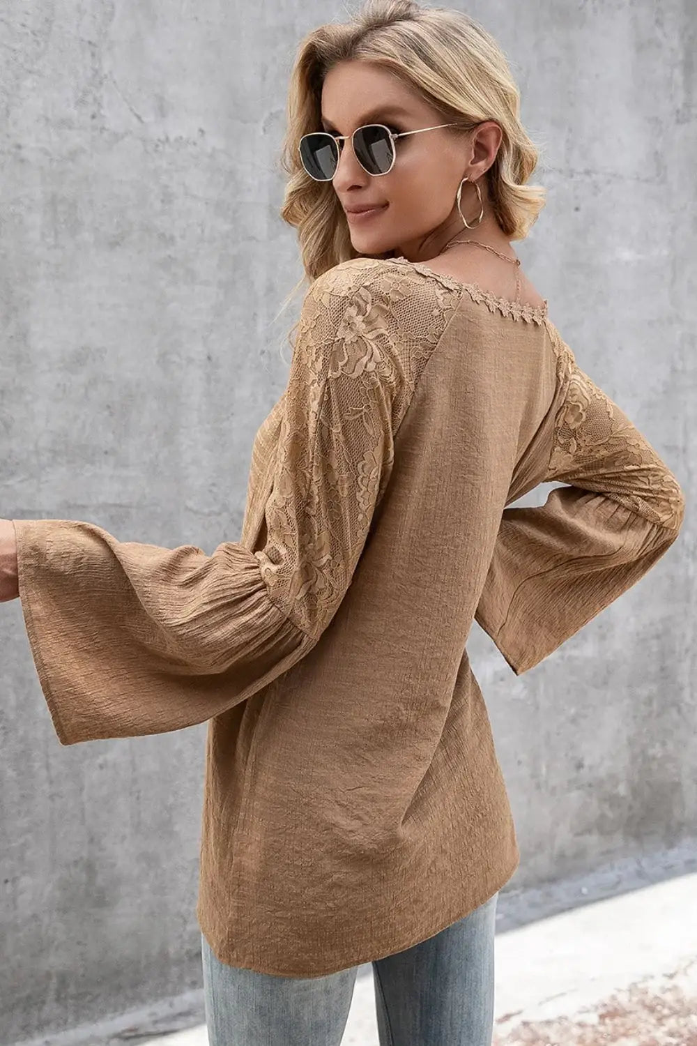 V-Neck Spliced Lace Flare Sleeve Top - Trendsi - Flyclothing LLC
