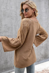 V-Neck Spliced Lace Flare Sleeve Top - Trendsi - Flyclothing LLC