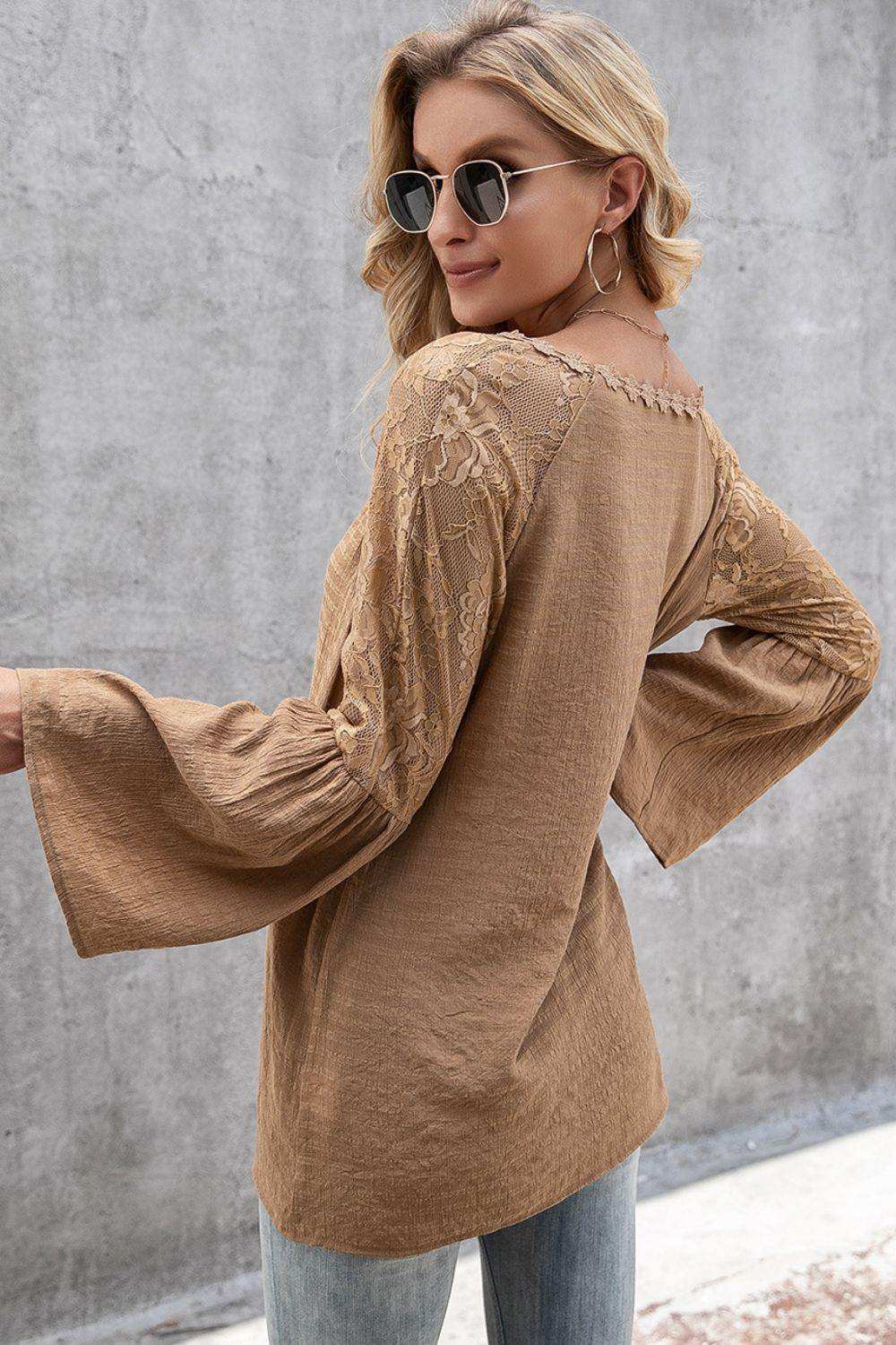 V-Neck Spliced Lace Flare Sleeve Top - Trendsi - Flyclothing LLC