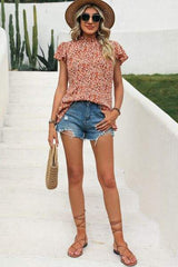 Ditsy Floral Mock Neck Short Sleeve T-Shirt - Trendsi - Flyclothing LLC