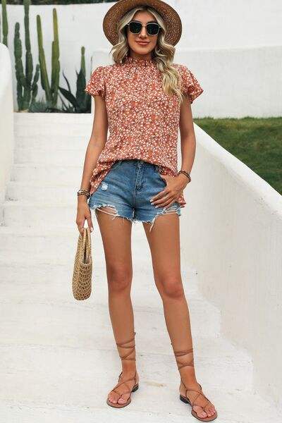 Ditsy Floral Mock Neck Short Sleeve T-Shirt - Trendsi - Flyclothing LLC