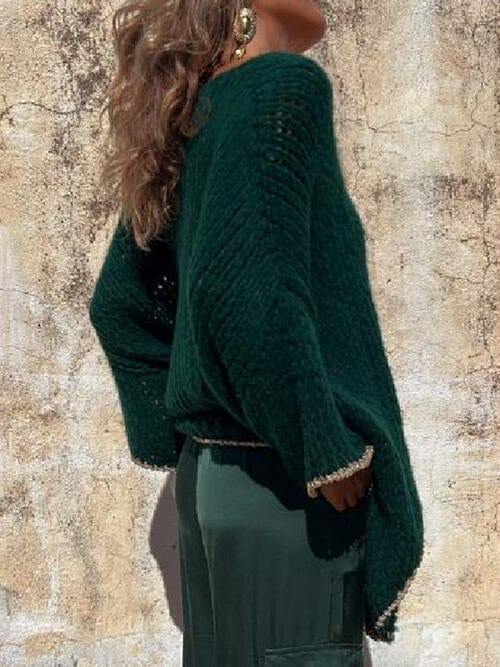 Contrast V-Neck Long Sleeve Sweater - Trendsi