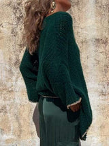 Contrast V-Neck Long Sleeve Sweater - Trendsi - Flyclothing LLC