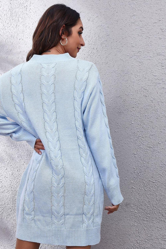 Cable-Knit Round Neck Sweater Dress - Trendsi
