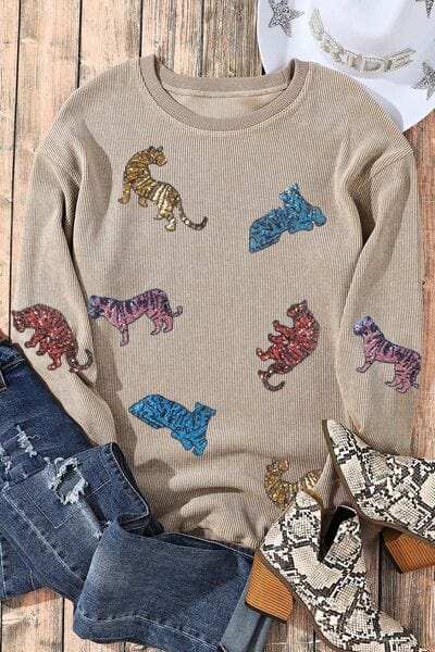 Animal Sequin Dropped Shoulder Sweatshirt - Trendsi - Flyclothing LLC