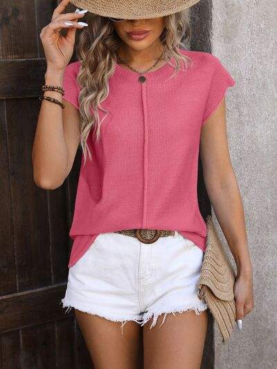 Rolled Cap Sleeve Round Neck Sweater Vest - Trendsi - Flyclothing LLC