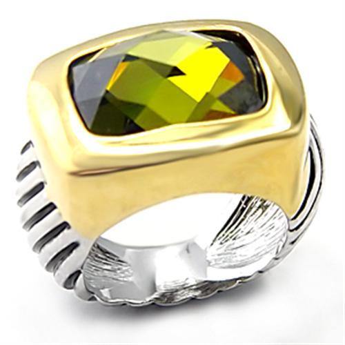 Alamode Reverse Two-Tone Brass Ring with AAA Grade CZ in Olivine color - Alamode