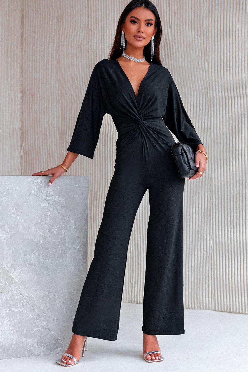 Twisted Plunge Three-Quarter Sleeve Jumpsuit - Trendsi - Flyclothing LLC