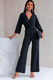Twisted Plunge Three-Quarter Sleeve Jumpsuit - Trendsi - Flyclothing LLC
