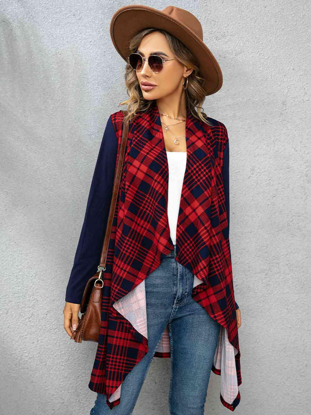 Plaid Open Front Cardigan - Trendsi
