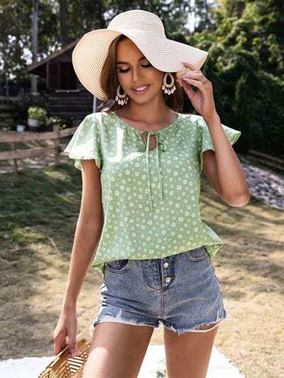 Ruffled Floral Tie Neck Short Sleeve Blouse - Trendsi - Flyclothing LLC