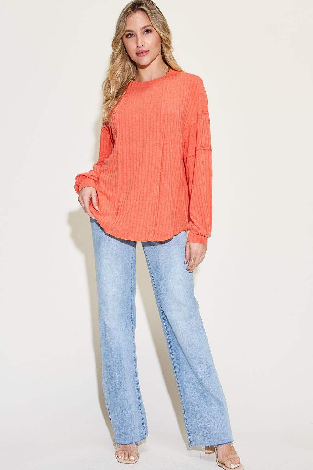 Basic Bae Full Size Ribbed Round Neck Long Sleeve T-Shirt - Trendsi - Flyclothing LLC
