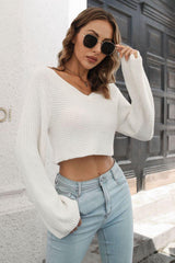 Cropped V-Neck Flare Sleeve Knit Top - Trendsi