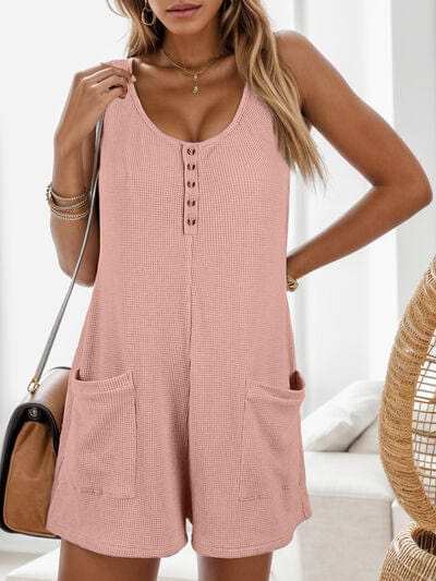 Waffle-Knit Scoop Neck Wide Strap Romper - Trendsi - Flyclothing LLC