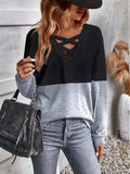 Contrast Crisscross V-Neck Long Sleeve Top - Trendsi - Flyclothing LLC